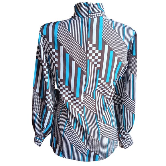 Medium Vintage 1970s Geo Print High-Neck Blouse Lady Manhattan 1970's Mod Chic - Picture 3 of 7